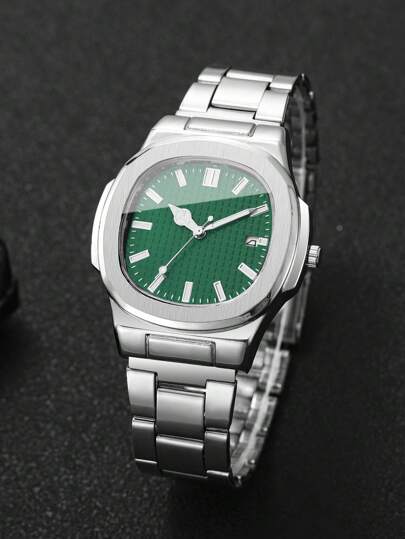 1pc Minimalist Square Dial Calendar Stainless Steel Strap Quartz Wrist Watch, Business (Watch Box Not Included) view 8