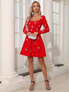 Elegant Solid Color Shiny Zipper Rhinestone A-Line Dress, Polyester Fabric, Romantic Party, Wedding, Formal Occasion, Stage Performance, Autumn/Winter - Đỏ - Xem 2