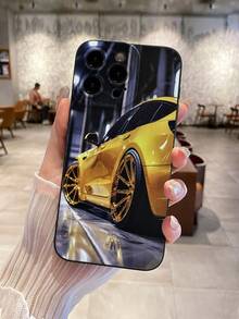 Cool Racing Car Phone Case, Black With Bright Yellow Body And Gold Rim Print, Car Enthusiast Phone Protective Cover, Toy For Boys, Waterproof, Durable, Dust-Proof, Fashionable Minimalist Design With Camera Protection, Suitable For IPhone 16/15/14/13/12/11/7/8/XR/XS/Plus/Pro/Pro Max And Galaxy S/A Series, Perfect Gift For Friends, Family, Girlfriend, Boyfriend, Ideal Christmas Present