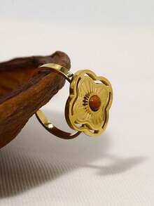 1 Pc Of Natural Tiger Stone Four-Leaf Clover Stainless Steel Non-Fading Adjustable Ring, 18k Gold Plating, Bohemian Style Handmade Jewelry For Women