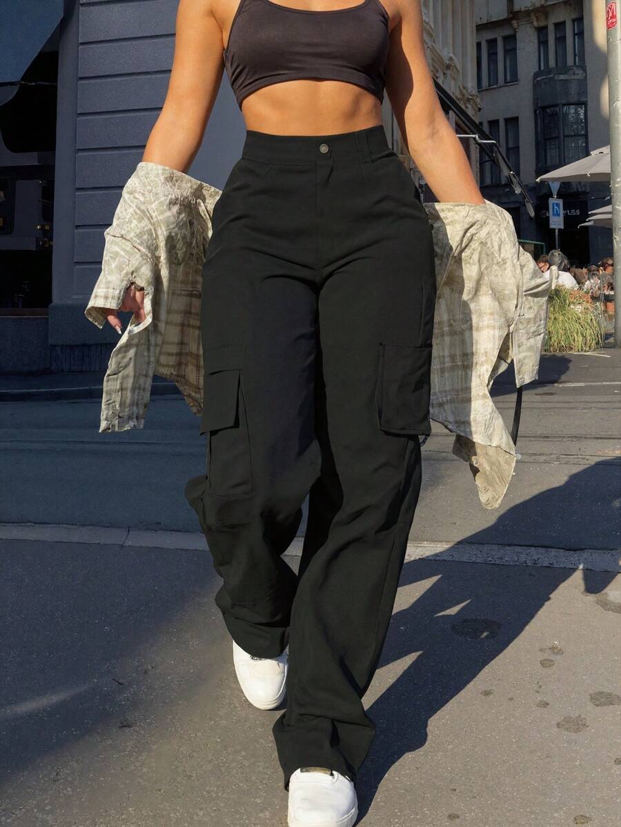 Women's Stylish And Chic Solid-Color Cargo Pants, Loose And Practical With Multiple Pockets, Sweet And Casual, Perfect For Street Style, Brunch, And Spring And Summer Outfits. - 黑色 - 查看 1