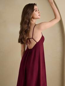 Anewsta Leisure Women's Solid Color Bust Pleated Camisole Nightgown Babydoll Holiday Season - Burgundy - View 6