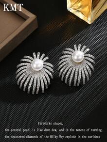 KMT 2pcs Copper Alloy Inlaid Cubic Zirconia & Faux Pearl Exquisite Sparkling Geometric Exaggerated Elegant Women's Fashion Earrings, Suitable For Banquet, Party, Engagement - Fireworks - View 3