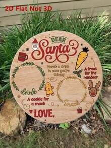 1pc 2D Santa Claus And Reindeer Wooden Round Tray, Round Christmas Snack Tray, Snack Tray, Charming Vintage Style With Gingerbread Man, Carrot, Berry And Other Patterns, Suitable For Snacks, Pastries, Fruits, Snack Tray, Perfect For Home Decoration, Seasonal Decoration, Christmas Party