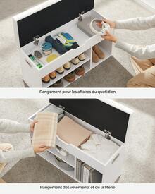 VASAGLE Banc à Chaussures Rembourré, Banc de Rangement, Rangement Caché, Étagères, Meuble d'Entrée, Capacité de Charge 136 kg, 30 x 80 x 44 cm, Blanc - Blanc - Voir 7
