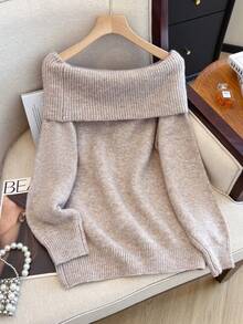 优雅女士长袖针织露肩毛衣保暖中长弹力常规长度套头衫 - 卡其色 - 查看 3