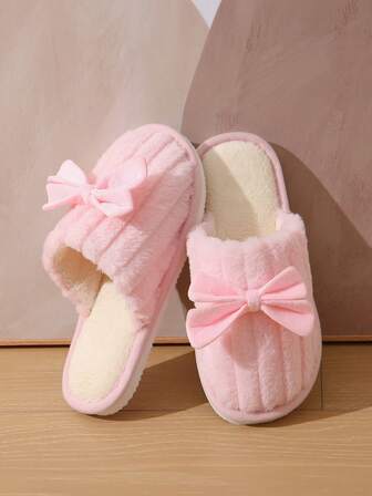 Women's Bow-Knot Plush Warm Slippers, Comfortable Indoor Anti-Slip Bedroom Slippers For Hardwood Floor, Suitable For Autumn/Winter