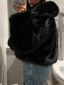 DEEKA Autumn/Winter New Thickened Faux Fox Fur Collar Fashionable Short Coat, Synthetic Fur Effect, Youthful Vibe Black - Black - View 11