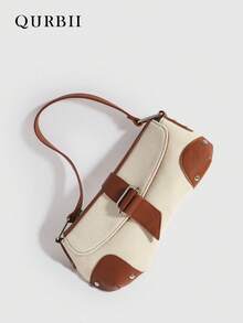 QURBII 1pc Fashionable Fabric & Faux Leather Patchwork Design Baguette Underarm Bag, Versatile Chic Shoulder Bag Handbag, Rivet Accent Shoulder Bag, Phone Pouch Small Bag, Suitable For Women Office, Commute, Date, Shopping, Casual, Vacation, Beach, Music Festival, Party, Wedding, School