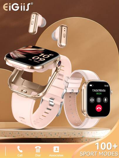 EIGIIS 2-In-1 Smart Watch With Built-In Earphones, Unisex - Remote Shutter, Music Playback, Weather Forecast, Stopwatch, Multiple Sports Modes - Ideal Holiday Gift, Fitness Tracker | Dual Display | Rechargeable Battery, Compatible With IPhone And Android