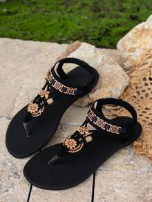 Women's Fashionable Bohemian Style, Rear Elastic Band, Slip-On Flip-Flops Flat Sandals, Outdoor Leisure Vacation Style Beach Shoes - màu đen - Xem 5