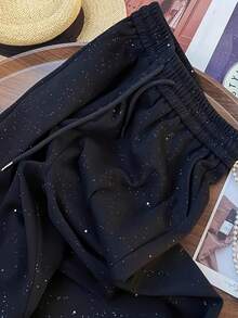 Women's Drawstring Waist Wide Leg Loose Shiny Casual Sweatpants, Everyday Wear - Black - View 4