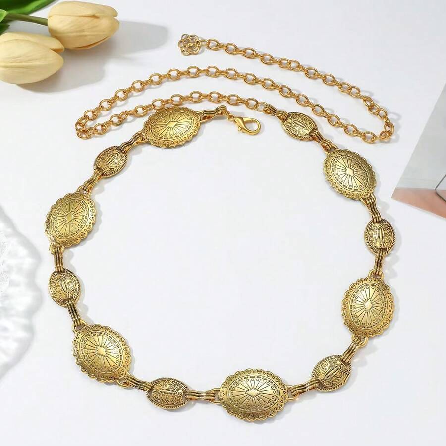 Dây chuyền vàng đeo eo thanh lịch dành cho nữ - Mặt dây chuyền hình bầu dục khắc họa tiết, kiểu thắt lưng denim cổ điển, phù hợp cho các lễ hội phương Tây, trang phục thường ngày và các buổi tiệc, hoàn hảo cho những quý cô yêu thích vẻ thanh lịch cổ điển và thời trang denim, một điểm nhấn lý tưởng để tôn lên đường cong cơ thể. - Vàng - Xem 1