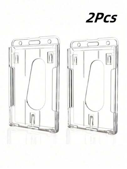 2pcs Rigid Plastic ID Card Holder, Transparent ID Badge Holder With Thumb Slot, Can Hold 2 Cards Vertically/Horizontally, Suitable For Exhibition Badges, Employee Name Tags, Access Cards, ID Cards, Transit Cards, Customizable Inserts, Lightweight And Portable, Applicable For Credit Cards, ID Cards, Office, Events, Anniversaries, Schools, Home And Office Supplies.