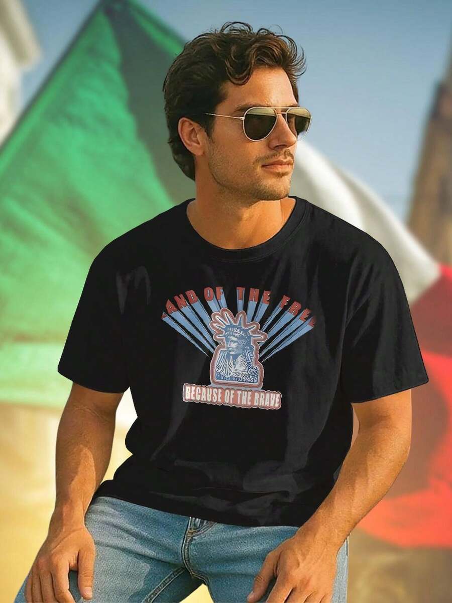 Land of the Free Because of the Brave Maglietta Uomo Patriottica Moda Casual Idea Regalo Originale Tee Morbida Alta Qualità Offerta Edizione Limitata Sconto Esclusivo
