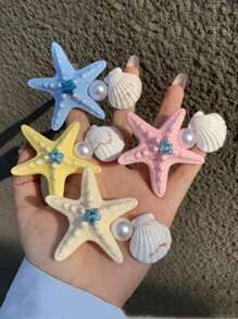 4 piezas de elegantes pasadores de pelo con forma de estrella de mar, concha y orquídea simulada, en estilo de resort de playa, accesorios de pelo versátiles para mujeres, accesorios para el cabello, accesorios para la cabeza - Multicolor - Ver 8
