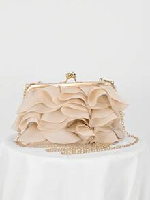 Women's Elegant Floral Petal Clutch Bag, Ruffle Design Handbag For Evening Party, Apricot Color Purse, Suitable For Wedding/Vacation/Formal Event/Prom, Comes With Chain Strap, Random Petal Shape, Wedding Items - Apricot - View 3