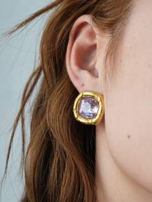 Frminee 1 Cặp bông tai đính đá Zirconia bằng thép không gỉ mạ vàng 18K cổ điển, Phụ kiện trang sức nữ, Trang sức phương Tây, Bông tai đính đá Zirconia khối trang trí, Hoàn hảo cho phụ nữ đeo như một phụ kiện hàng ngày hoặc quà tặng đám cưới - Màu tím - Xem 3