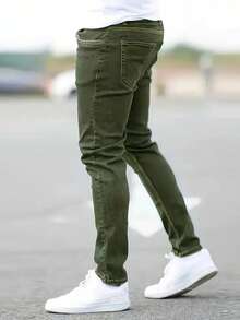 Men's  Green Slim Fit Stretch Jeans - Classic Elastic Denim Pants For All-Season Wear, Comfortable Skinny Tapered Leg Casual Trousers With Utility Pockets - 橄欖綠 - 查看 1