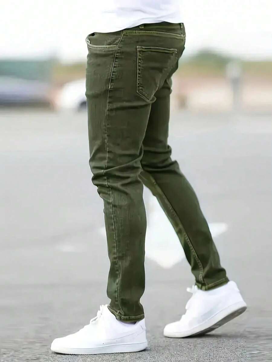Men's  Green Slim Fit Stretch Jeans - Classic Elastic Denim Pants For All-Season Wear, Comfortable Skinny Tapered Leg Casual Trousers With Utility Pockets - 橄欖綠 - 查看 1