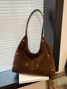 新款时尚手提包，性感铆钉托特包，女士通勤个性化丝绒斜挎包 - 咖啡棕 - 查看 3