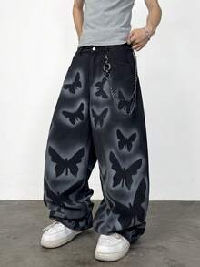 1 chiếc quần jean nam ống rộng, chất liệu denim mài, kiểu dáng thường ngày, vẽ tay, hiệu Hearty Haven (không kèm thắt lưng và phụ kiện) - màu đen - Xem 6