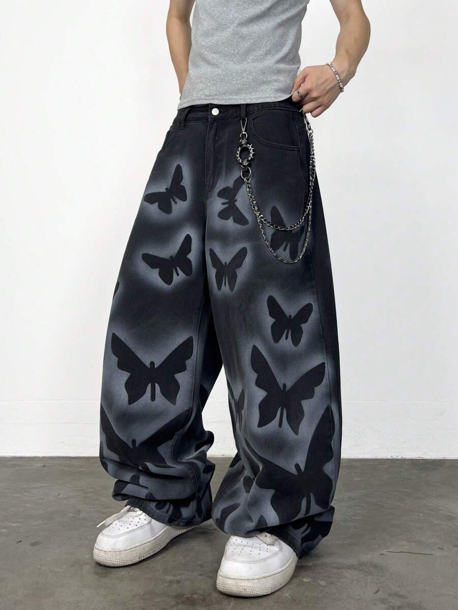 1pc Hearty Haven American Casual Handpainted Men's Loose Washed Denim Wide Leg Jeans Pants (No Belt & Accessories) - Black - View 1