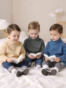 3件套男童休闲可爱T恤套装，柔软舒适，纯色拼接细节长袖高领T恤，秋冬服装 - 彩色 - 查看 3