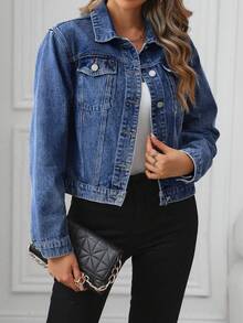 Chamarra Denim Cazadoras Mezclilla Abrigos Vaqueros Azul Manga Larga Botones aplicaciones manga larga solapa bolsillos Chaqueta vaquera corta con dobladillo de manga larga para mujer - Azul - Ver 1