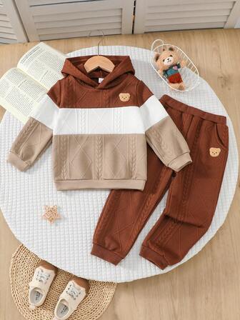 2pcs Set Baby Boy Bear Embroidery Color Block Hoodie Sweatshirt And Bear Embroidery Brown Pants, Autumn/Winter