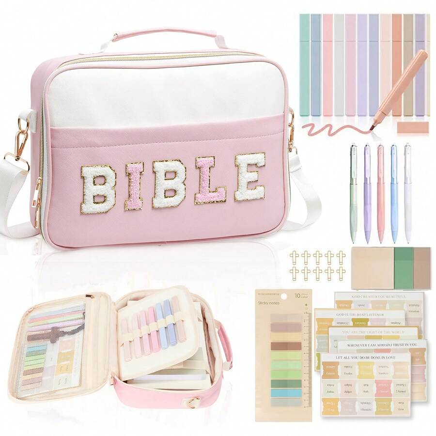 Bible Cover Case For Women, Large Bible Bag W/Shoulder Strap, Bible Study Supplies Bible Journaling Kit  Book Carrying Case With Bible Highlighters, Mothers Day Christian Gifts For Women - 粉色 - 查看 1