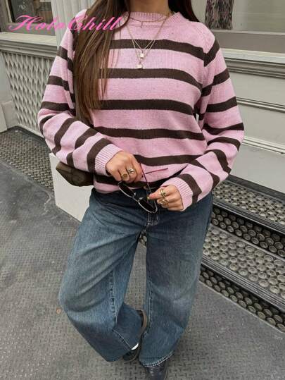 Maglione girocollo casual da donna con blocchi di colore e righe, Collezione estiva casual 2026 per San Valentino