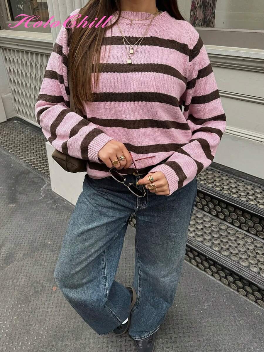 Áo len nữ HoloChill cổ tròn kẻ sọc phối màu, kiểu dáng thường ngày, bộ sưu tập mới mùa hè 2026 nhân dịp Lễ Tình nhân. - Hồng - Xem 1
