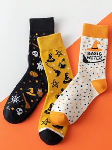 1/3 Pares de Meias Casuais Confortáveis de Meia-Cana com Estampa de Morcego e Fantasma de Halloween, Outono