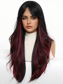 26 Inch Black & Red Long Straight Synthetic Heat Resistant Wig With Bangs, Suitable For Daily Wear, Parties And Cosplay - Piano Color - View 5