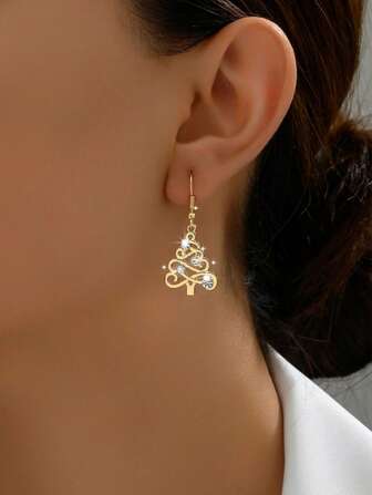 1 par de pendientes con colgante de árbol de Navidad con rhinestones, versátiles para mujer en fiestas, Navidad y uso casual