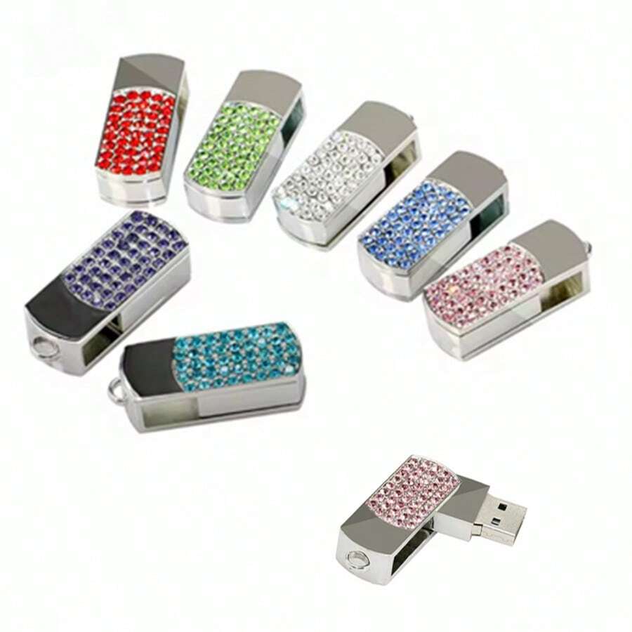 HOT Metal Crystal Stainless Steel Rotary Key Chain Pendrive USB Flash Drive 64GB 8GB 16GB 32G Memory Stick Disk Pen Drives Gift - Pink - View 1