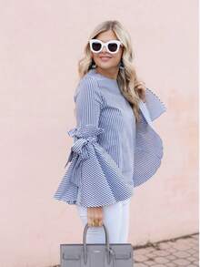 Women's Striped Fabric Bow Flared Sleeve Ruffle Hem Elegant Casual Blouse, Suitable For Travel, Daily, Office, Teacher - Blue - View 2
