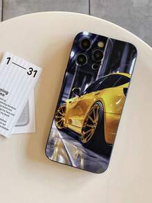 Cool Racing Car Phone Case, Black With Bright Yellow Body And Gold Rim Print, Car Enthusiast Phone Protective Cover, Toy For Boys, Waterproof, Durable, Dust-Proof, Fashionable Minimalist Design With Camera Protection, Suitable For IPhone 16/15/14/13/12/11/7/8/XR/XS/Plus/Pro/Pro Max And Galaxy S/A Series, Perfect Gift For Friends, Family, Girlfriend, Boyfriend, Ideal Christmas Present