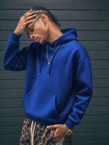 GRDR Men's Casual Street Hooded Sweatshirt, Solid Color With Thermal Lining, Loose Fit, Autumn/Winter - Royal Blue - View 6