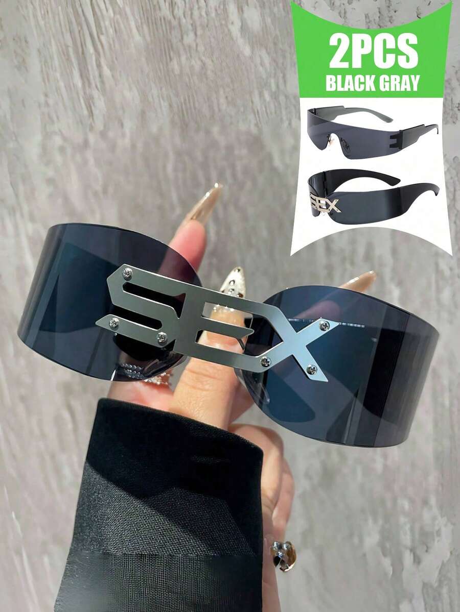 2pcs Frameless Funny Party Unisex Personalized Glasses With Metal Decoration, Fashionable