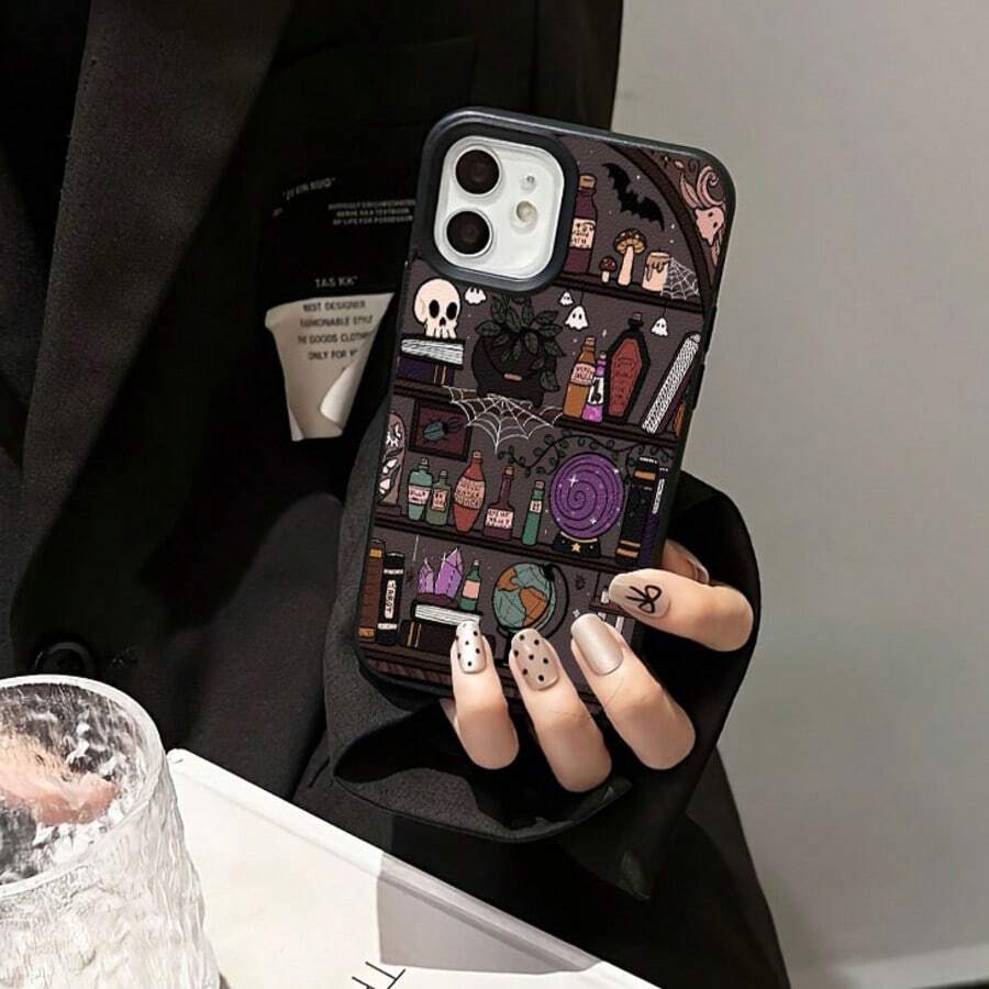 1个复古骷髅头和魔法药水水晶球书架图案TPU手机壳,兼容国际版,非国内版 - 黑色 - 查看 1