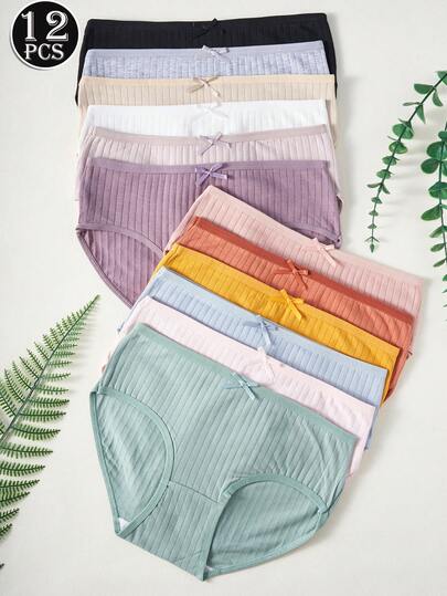 12pcs/Set Solid Color Cotton Basic Panties For Teenage Girls, Bow & Spiral Striped Design, Comfortable