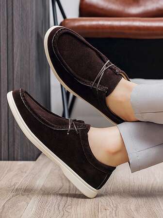 Men's Versatile Soft Sole Flat Casual Slip-On Shoes, Solid Color Faux Leather Lace-Up, Suitable For Spring, Summer, Autumn Outdoor Wear