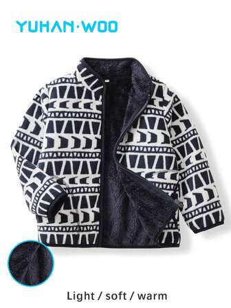 YUHANWOO Young Boy Fleece Jacket, Stand Collar, Autumn/Winter Thickened Warm Zipper Outdoor Jacket For Boys, Navy Blue With Moon Pattern