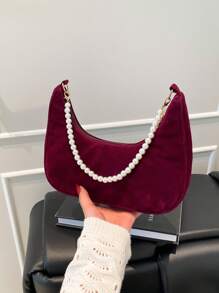 Fashionable Pearl Chain Crescent Shoulder Bag, Stylish Shoulder Baguette Bag, Handheld Small Bag, Outdoor Casual Bag, Versatile Commuter Bag - Burgundy - View 6