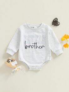 Baby Fall Romper Letter Embroidery Long Sleeve Round Neck Jumpsuit Brother and Sister Matching Outfits - Azul - Ver 6
