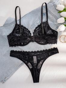 1 Set Women's Solid Color Lace Ruffled Rim Underwire Comfortable Bra Set - Black - View 6