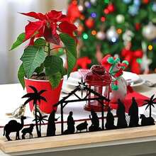 Juegos de Nacimiento para decoración navideña interior, Escena del Nacimiento de metal negro con base de madera y figuras, Decoraciones del Juego de Nacimiento para Navidad, Hogar, Mesa y Estantería