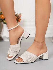 新款清新绿色针织露趾方头粗跟凉鞋，透气时尚，休闲百搭，女士春夏穿搭首选。 - 米色 - 查看 3